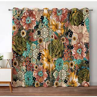 Jekeno Boho Floral Blackout Gardiner Farverige blomster Bohemsk indretning til soveværelse Stue Grommet Vinduesgardiner 2 Panelsæt 42 """" X63 """"