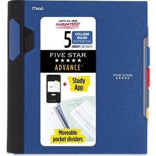 Fem Star Spiral Notebook + Study App 5 Subject College styrede Paper Advance Notebook med Spiral Guard Movable Tabbed Dividers og Expanding Pocke
