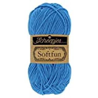 Scheepjes Softfun 2629 Azure Indhold: 60% Bomuld / 40% Akryl Vægt/længde: 50 gram = ca. 140 meter Anbefalede pinde: 3.50-4.00 mm Strikkefasthed: 10 cm = 21 x 30 m Maskinvask / Skåneprogram max 30°C.