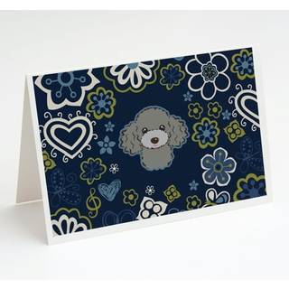 Blå blomster sølvgrå puddel lykønskningskort og konvolutter pakning af 8