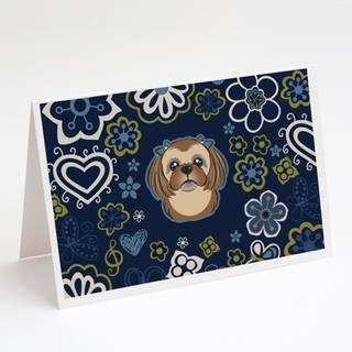 Blå blomster chokoladebrun shih tzu lykønskningskort og konvolutter pakning af 8