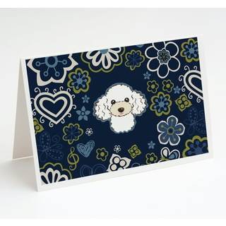 Blå blomster hvid puddel lykønskningskort og konvolutter pakning på 8