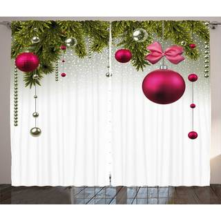 Ambesonne Jul gardiner levende gran kviste og magenta bolde rammer Specialdag Forberedelse Stue Soveværelsesvindue Gardiner 2 Panel Sæt 108 """" X