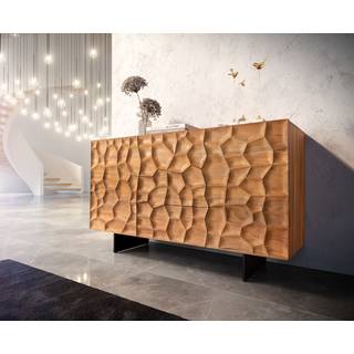 Sideboard Solu 145 cm Akazie Natur 2 Türen 3 Schübe Fuß schwebend Metall Schwarz 3D-Front - Akazie, Schwarz