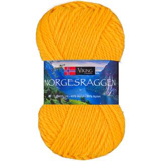Viking Norgesraggen 845 Gul Indhold: 40% Uld, 40% Akryl, 20% Nylon Vægt/længde: 50 g = ca. 100 meter Anbefalede pinde: 3.5 mm Strikkefasthed: 10 cm = 22-23 m Vask: 30°C uden skyllemiddel / Tåler ikke tørretumbling / Tørres fladt.