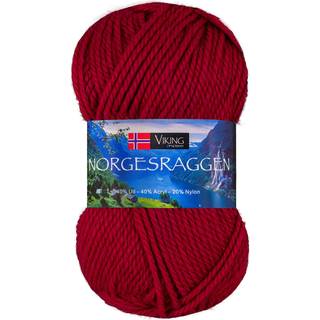 Viking Norgesraggen 865 Rød Indhold: 40% Uld, 40% Akryl, 20% Nylon Vægt/længde: 50 g = ca. 100 meter Anbefalede pinde: 3.5 mm Strikkefasthed: 10 cm = 22-23 m Vask: 30°C uden skyllemiddel / Tåler ikke tørretumbling / Tørres fladt.