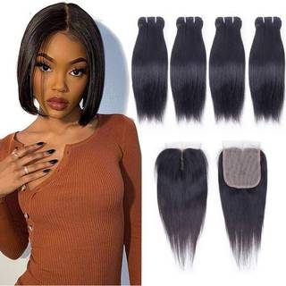 Brasiliansk lige hårbundter med t Del lukning (10 10 10 10) Lige menneskelige 4 bundter med lukning 50g/pc 10a Uarbejdet lige korte bob jomfruhår