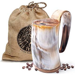 Norse Tradesman Horn Coffee Mug - 12 oz Handgjord oxhorn med lövträ bas - dubbel förseglad för heta vätskor - Wide Mouth Coffee Tankard