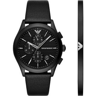 Emporio Armani Chronograph Black Leather Strap Black Dial Men's Watch and Bracelet Gift Set AR80070SET
