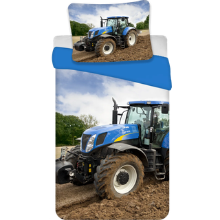 Traktor sengetøj - 140x200 cm - Sengesæt med blå traktor - Vendbart design med blå bagside - 100% bomuld børnesengetøj