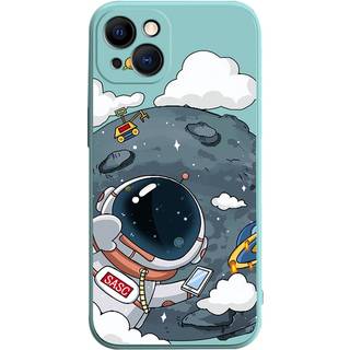 iPhone 14 Plus Fleksibel Bagside Cover af Plastik m. Print - Astronaut På Månen / Turkis