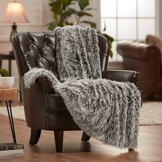 Chanasya Premium Wolf Faux Long Fur Throw T?ppe - Bl?dt fuzzy kastet?ppe - til seng eller sofa - 50 """" x 65 """" - Frost tip sort