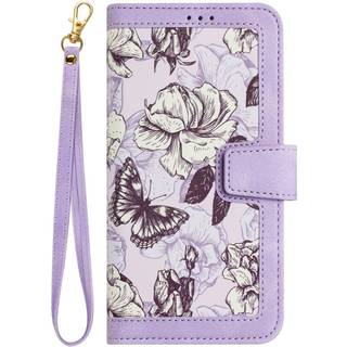 Samsung Galaxy S24 Ultra Læder Flip Cover m. Pung & Strop - Lilla m. Blomster og Sommerfugl