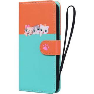 Samsung Galaxy S24+ (Plus) Flip Cover m. Strop / Ståfunktion / Kortholder - Orange / Blå (katte)