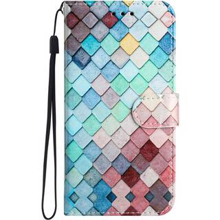 Samsung Galaxy S24 Læder Flip Cover m. Pung og Strop - Farvede Firkanter