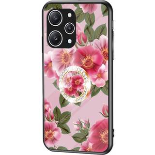 Xiaomi Redmi 12 (4G) Plastik Bagside Cover m. Glasbagside & Fingerring - Blomster Print - Lyserød