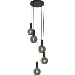 Art Deco pendellampe sort med røgglas rund 5-lys - Josje