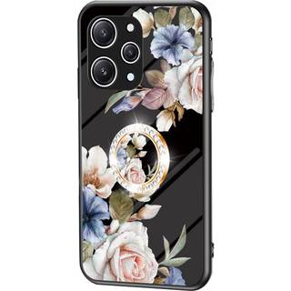 Xiaomi Redmi 12 (4G) Plastik Bagside Cover m. Glasbagside & Fingerring - Blomster Print - Sort