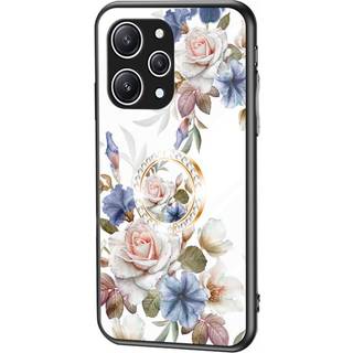 Xiaomi Redmi 12 (4G) Plastik Bagside Cover m. Glasbagside & Fingerring - Blomster Print - Hvid