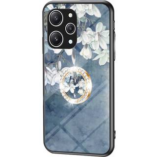 Xiaomi Redmi 12 (4G) Plastik Cover m. Glasbagside & Fingerring - Blomster Print - Blå