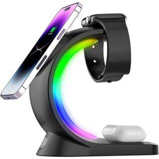 T17 3-i-1 Magnetisk Trådløs Oplader til iPhone 12/13/14/15/16 Serien med RGB-lys - Sort