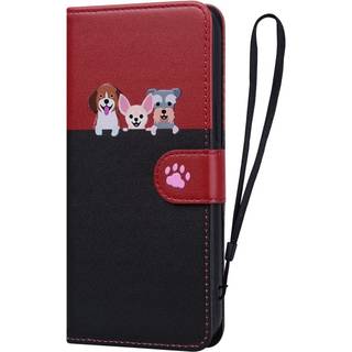 iPhone 15 Pro Flip Cover m. Strop / Ståfunktion / Kortholder - Rød / Sort (Hunde)