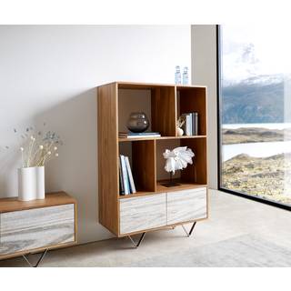 Highboard Kleo 90x130 cm Akazie Natur 2 Türen V-Fuß Edelstahl - Natur, Silber