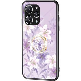 Xiaomi Redmi 12 (4G) Plastik Bagside Cover m. Glasbagside & Fingerring - Blomster Print - Lilla