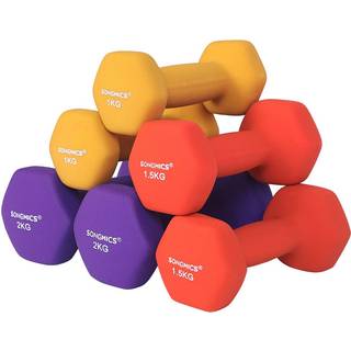 Songmics Hex -håndvægte indstillet med stativ, 2 x 1 kg, 2 x 1,5 kg, 2 x 2 kg, håndvægte med neopren mat finish, til hjemmeøvelse, gul, orange og lill