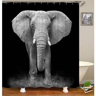 TJZ Home Elephants Broes Gardin African Wild Animal Elefants Nærbillede Black Gray Polyester Cloth Print Badeværelsesgardiner Inkluder Hooks Set