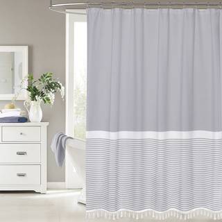 Gr? bruseforh?ng Moderne stof Bruseforh?ng White Tassels Farmhouse Bruser Gardin Stribet Vandt?t Bruser Gardin Set With12 Hooks 72x72 tommer