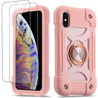Cookiver til iPhone XS Max Case 6,5 tommer med Ring Stand med 2 Pack Glass Screen Protector Heavy-Duty Shockfabrosof Rugged Military Grade Cover