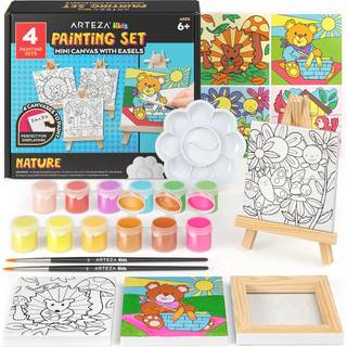 Arteza Kids Nature Maleri Kit 4 l?rreder 3 x 3 tommer 4 L?g 12 Akrylmaling 2 PAINE B?rster 1 Palette Kids Aktiviteter for alderen 6 og op