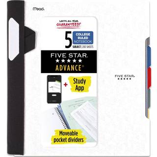 Fem Star Spiral Notebook + Study App 5 Subject College styrede Paper Advance Notebook med Spiral Guard Movable Tabbed Dividere og Expanding Pocke