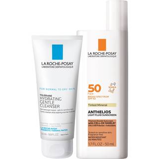 La Roche-Posay Anthelios Tinted SPF 50 Solcreme & Toleriane Gentle Cleanser Travel Set - med titandioxid og niacinamid