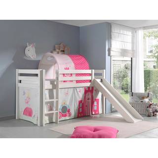 Halvhøj seng med rutsjebane – Pino, hvid, Prinsesse forhæng og tunnel