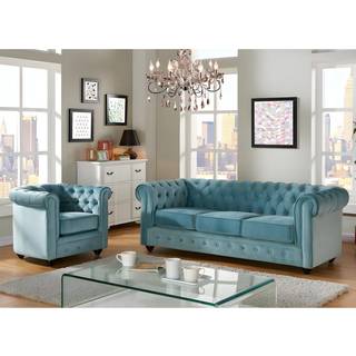 3-personers sofa og CHESTERFIELD lænestol - Pastellblå fløjl