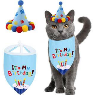 Petyoung Pet Cat Dog Happy Birthday Bandana t?rkl?der og s?d festhat til piger drenge Kat f?dselsdagsgave dekorationer s?t med bl?dt t?rkl?de og