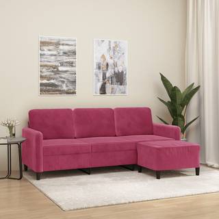 3-Personers Sofa Med Fodskammel 180 Cm Velour - Vinrød