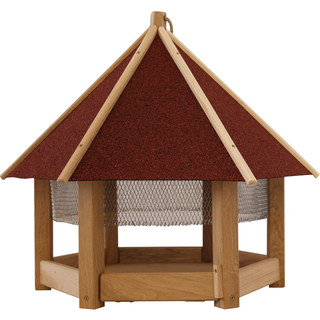 Fuglefoderhus med net. ø54 cm. Udført i FSC certificeret egetræ med tag i rødt tagpap.