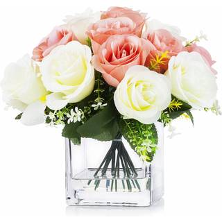 ENOVA Hjem 18 Hoveder Silke Roser Blomsterarrangement i klar glasvase med faux vand til hjemmekontordekoration (fl?de lyser?d)