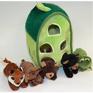 Plush Forest Animal House med dyr - fem (5) udstoppede skovdyr (Brun Bear Black Bear Moose Frog Fox) i Play Forest Carrying House