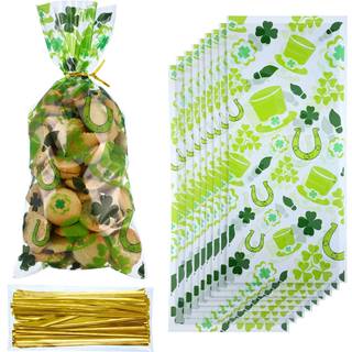 100 Pack St. Patrick Day Candy Cellophane Bag Lucky Shamrock Leprechaun Hat Treat Bag Leprechaun Footprint Lucky Cello Bag Shamrock Goody Bags Gr