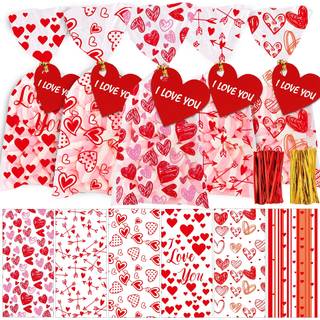 Yujun 120 pcs Valentines Cellophane Treat Bags Valentines Præsenter Goodie Candy Red Heart Clear Cello Bags med 100 stykker Hjertemærker til Vale