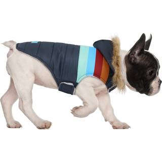 HDE Hundepufferjakke Fleeceforet Varm Hundeparka Vinterfrakke med selehul Navy Retro Stripe - M