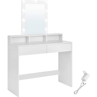 VASAGLE Toiletbord, LED lys, Makeup bord med spejl, 2 skuffer og 3 rum, hvid