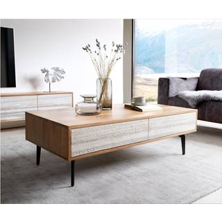 Couchtisch Kleo 115x60 cm Akazie Natur 4 Schübe Winkelfuß Metall Schwarz - Natur, Schwarz