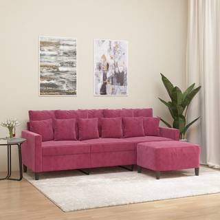 3-Personers Sofa Med Fodskammel 180 Cm Velour - Vinrød