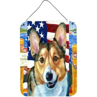 """" Caroline's Treasures LH9546DS1216 Corgi USA Patriotic American Flag Wall eller Door Hanging Prints 16 X 12 """" ""Multicolor"" ""