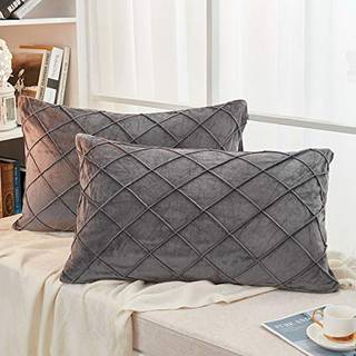 Jauxio Diamond Pinch Pleated Crystal Velvet Pillowcases 2 Pack Solid Pintuck kastpudebetr?k til boligindretning skjult lynl?s lukning (m?rkegr? k